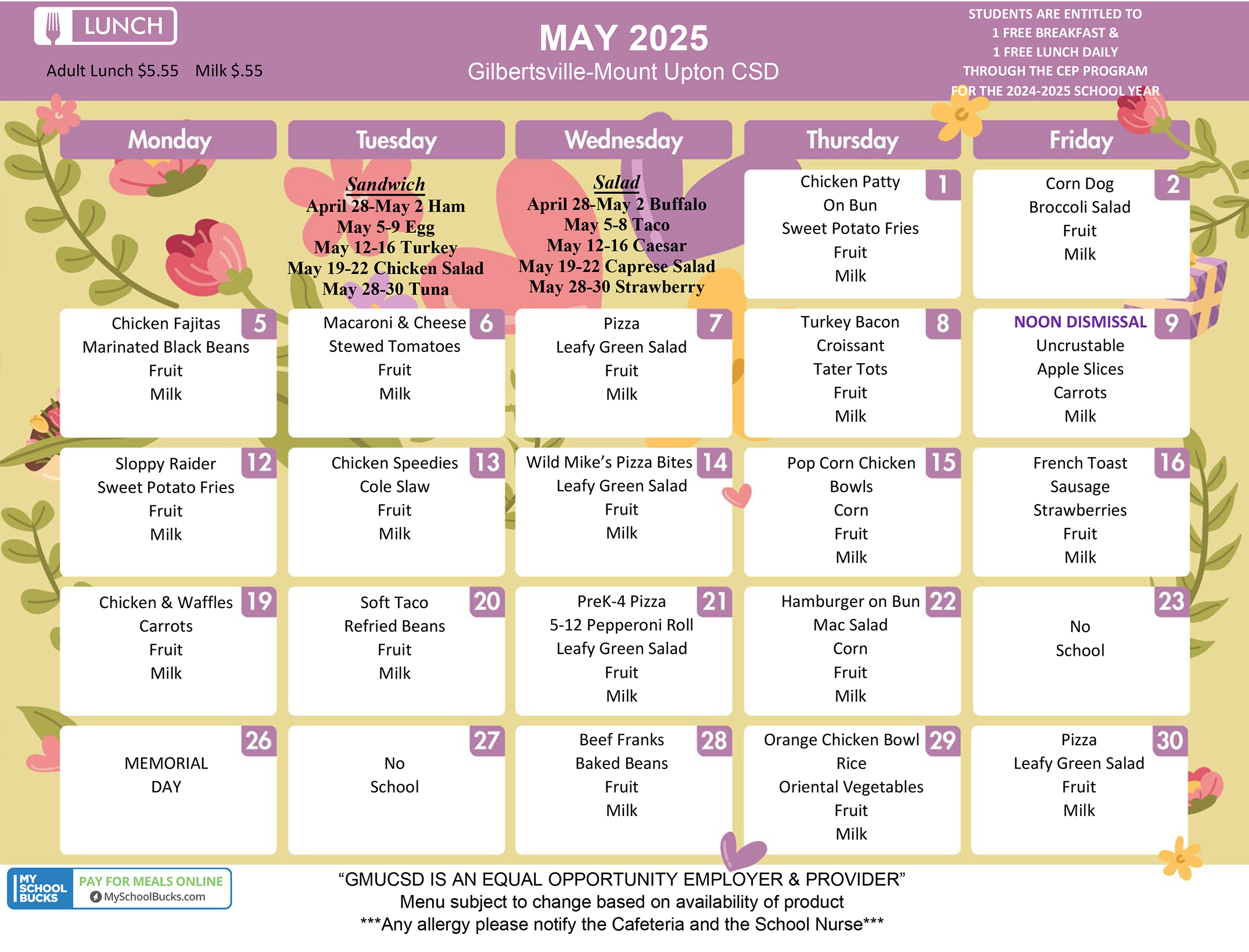GMU Lunch Menu - May 2025