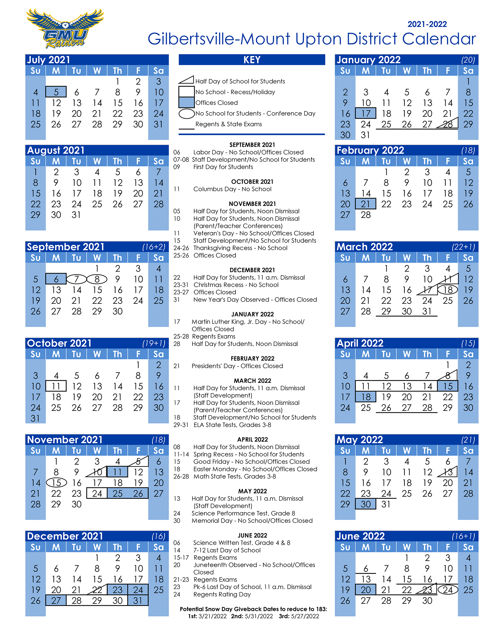 Image of the 2021 - 2022 School Year Calendar